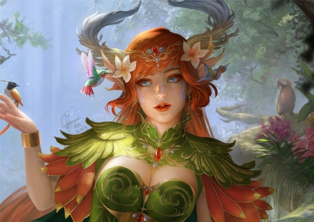 Solaris - bird, girl, ina wong, solaris, horns, inawong, superb, frumusete, pasari, fantasy, redhead, goddess, gorgeous, green, luminos