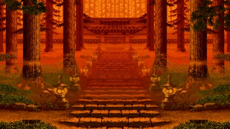 asian - forest, pixel art, stairs, stones, temple, trees