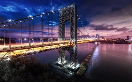 bridge - river, lights, city, night, new york