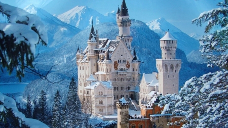 Neuschwanstein Castle Germany - trees, village of Hohenschwangau, Germany, snow, Winter, beauty, forest, Neuschwanstein castle, Bavaria, mountains, hilltop