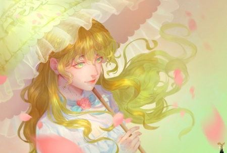 Fantasy girl - umbrella, frumusete, gorgeous, parasol, girl, lightwing academy, summer, superb, wind, pink, fantasy, breeze, petals, green, vara