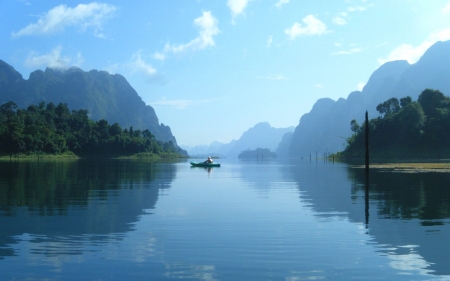 Kayak in Lake - calm, blue, boat, lake, mountains, reflection, kayak