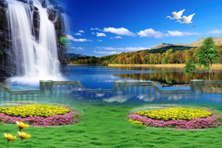 Waterfall - flowers, birds, water, sky