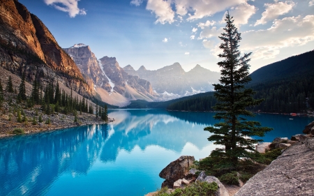 Moraine Lake South Channel - clouds, trees, beauty, South Channel, Alberta, ten peaks, Canada, lake, mountains, Moraine lake, sky, rocks