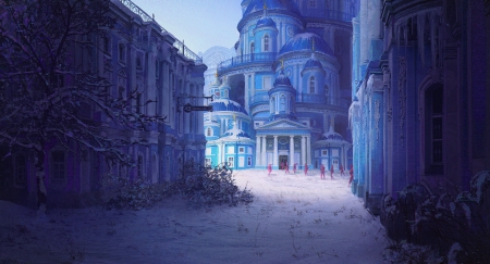 Winter cyber temple - akexandra peisakhovich, art, blue, castle, fantasy, iarna, luminos, temple, winter