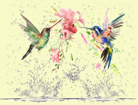 HUMMINGBIRDS IN THE RAIN - RAIN, WATERCOLOR, WATER, PASTEL, HUMMINGBIRD