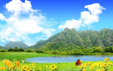 Summer lake - butterfly, blossoms, sunflowers, mountains