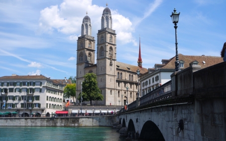 Church by Bridge - city, church, lantern, bridge