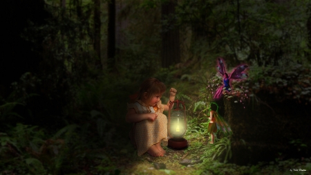 Fairy Evening - night, fairyfriends, fairies, lantern, girl, forest, child