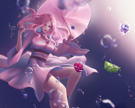 Fruty pink - umbrella, blue, hanny natasha, parasol, summer, pink, fantasy, fruit, luminos, water, vara