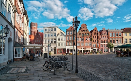 Lueneburg, Germany - clouds, Germany, bicycles, streetscape, houses, lantern