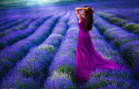 Morning in Lavender Field - blossoms, blue, girl, plants, rows