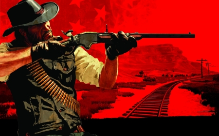 point and shoot - railroad, rifle, cowboy, cartridge belt