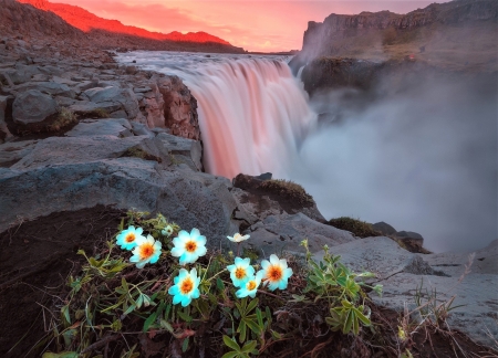 waterfall - rock, flowers, mountains, waterfall