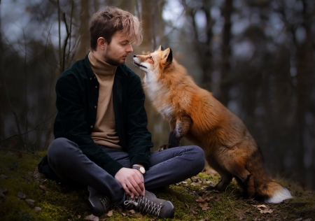 Friends Seeing Eye to Eye - Shoes, Clouds, Man, Forest, Mist, Shirt, Bonding, Model, Jacket, Pants, Sitting, Trees, Seeing Eye to Eye, Beautiful Fox, Almost Touching, Beard, Friends, Adorable, Closeness