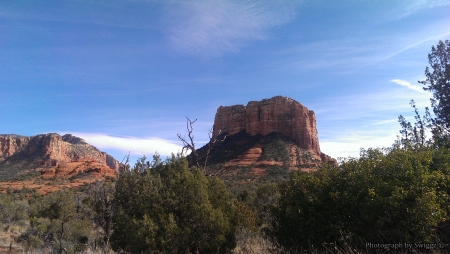 Sedona, Arizona (Bell Rock) - arizona, canyon, clouds, rock, sedona, shrub, sky