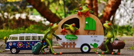 Green Froggy...going on Holiday - nature, holiday, green, caravan, frog