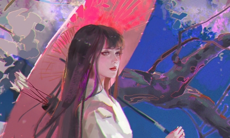 Fantasy girl - umbrella, blue, frumusete, art, gorgeous, parasol, archer, girl, superb, pink, fantasy, red, luminos, teame