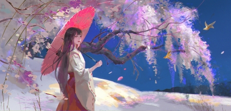 Fantasy girl - blue, umbrella, frumusete, art, gorgeous, parasol, archer, girl, superb, pink, wisteria, tea me, fantasy, luminos, teame