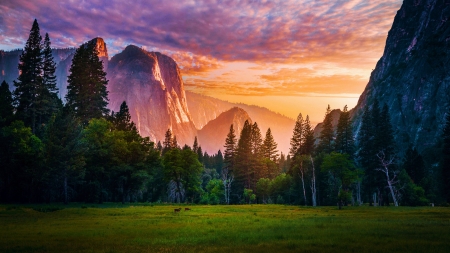 Sunset Red Light, Yosemite National Park - california, trees, clouds, sky, sierra nevada, mountains