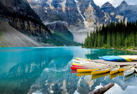 Banff NP - national park, canoes, tranquil, forest, mountain, mirror, Banff, cliffs, serenity, lake, rocks