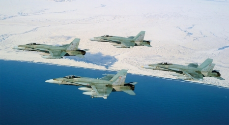 McDonnell Douglas CF-18 Hornet - ice pack, formation, speed 1127 mph, equiv to us FA 18A, ocean below