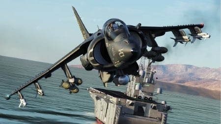 DCS-AV-8B-Harrier-II-PLUS - us marine air corps, LHA in background unknown, artist rendition, guided weapons on underwing pylons