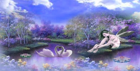 The lake fairy - fairy, flowers, heaven, lake, swans, trees