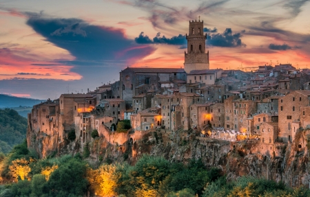 Pitigliano, Tuscany, Italy - flowers, clouds, sunset, lights, evening, houses, church, sky