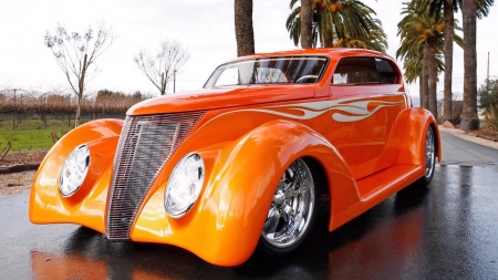 Ford Flaming Ride - Running Board, Custom, Road, Orange, Headlights, White, Grass, Ford, Flames, Wet, Wheels, Palm Trees, Grill, Sky