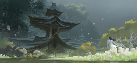 Temple - fantasy, girl, green, luminos, temple, zhou qingtao