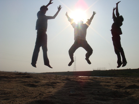 Freindship - jumping, sunset, freinds aiming high