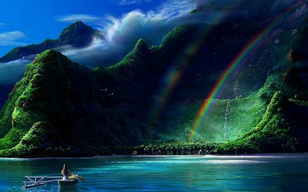 Prism Island - paradise, magic, seagull, art, fary tales, pond, boat, rainbow, lake, scenic, mountain, forest, beautiful, 3d, sea, realistic, beauty, sky, trees, female, hammock, water, fantasy, cloud, clouds, kagaya, scene, hill, rowing, girl, cg, hd, blue, scenery, yutaka kagaya, island, flowers, britney spears