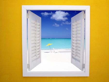 Window To Paradise - beach, window, picnic, paradise, ocean, crystal, sky blue