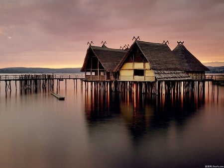 Calm - river, cabins, lake, ocean, walkway