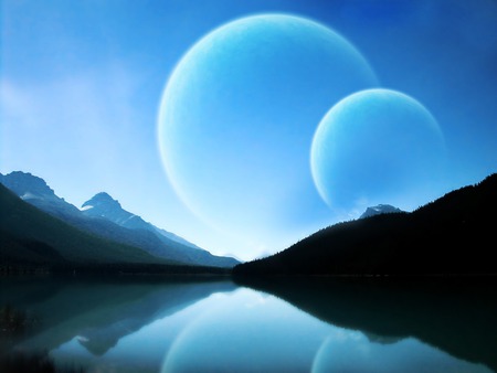 Blue Planets - rockets, planets, night, mountains, space, moons, lakes, blue, satellites, rivers