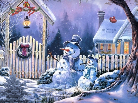 Snowman - houses, snow, winter, bless, christmas