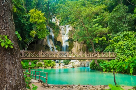 Laotian landscape - Laos, greenery, waterfall, pond, beautiful, lake, forest, bridge