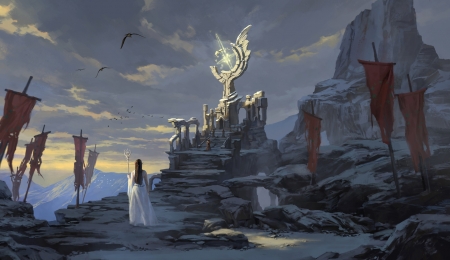 Altar - blue, night, frumusete, art, altar, priestess, tan yu chi, girl, tanyuchi, fantasy, moon, luna