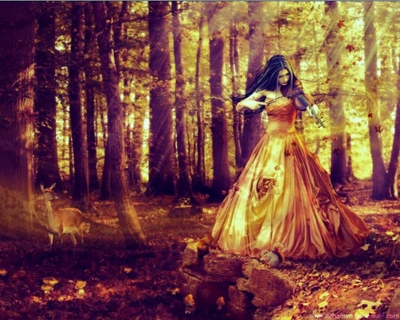 Autumn Sonata - Elegant, Sonata, Draped, Light, Music, Forest, Dress, Sunlight, Foilage, Rust, Bow, Violin, Tucked Material, Brown, Gold, Woman, Trees, Yellow, Leaves, Brunette, Orange, Squirrel, Deer, Roses