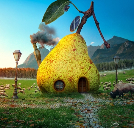 Pear house - magnum kaufmann, house, pear, fantasy, yellow, fruit, funny, luminos, magnum