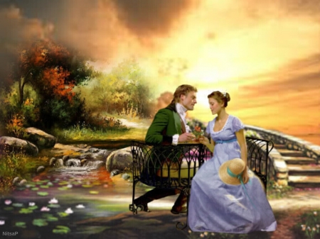 Love is life with you. - locus, stairs, couple, trees, flowers, Love, sunset