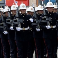 Royal Marines marching with SA80 SAR Photo credit: Royal Navy MOD