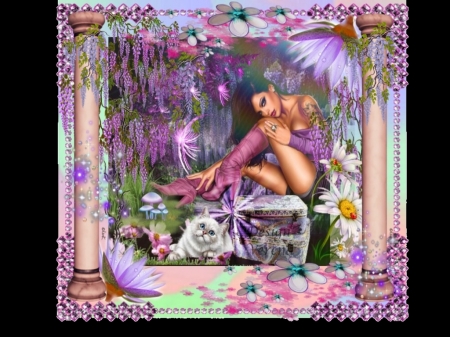 Junge Frau im Wald - blumen, frau, katze, phantasie, wald