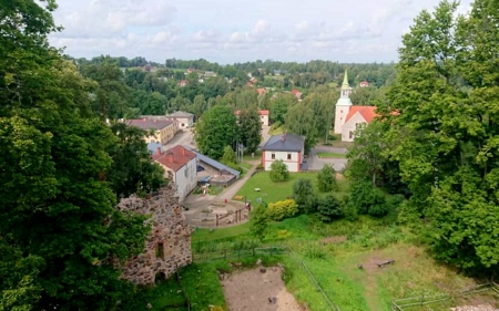 Rauna, Latvia - Latvia, trees, town, church, houses, ruins