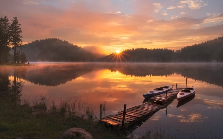 Sunrise over Lake - calm, boats, sunrise, lake, pier