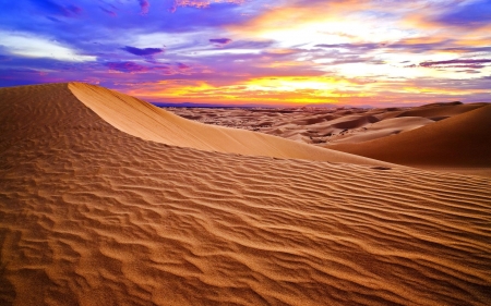 A desert underneath a colorful evening sky - blue, colorful, sahara, sand, gold, orange, purple, desert, clouds, sky, evening
