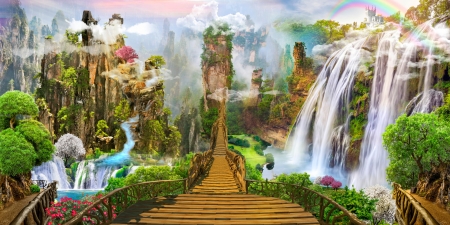 Fairyland - waterfall, rainbow, beautiful, paradise, fairyland, mountain, rocks, bridge