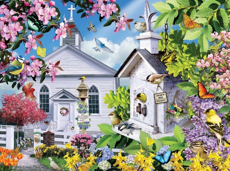 Time for Church - artwork, butterflies, birds, painting, blossoms, chappel, trees