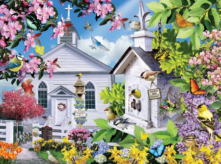 Time for Church - trees, blossoms, birds, painting, butterflies, artwork, chappel